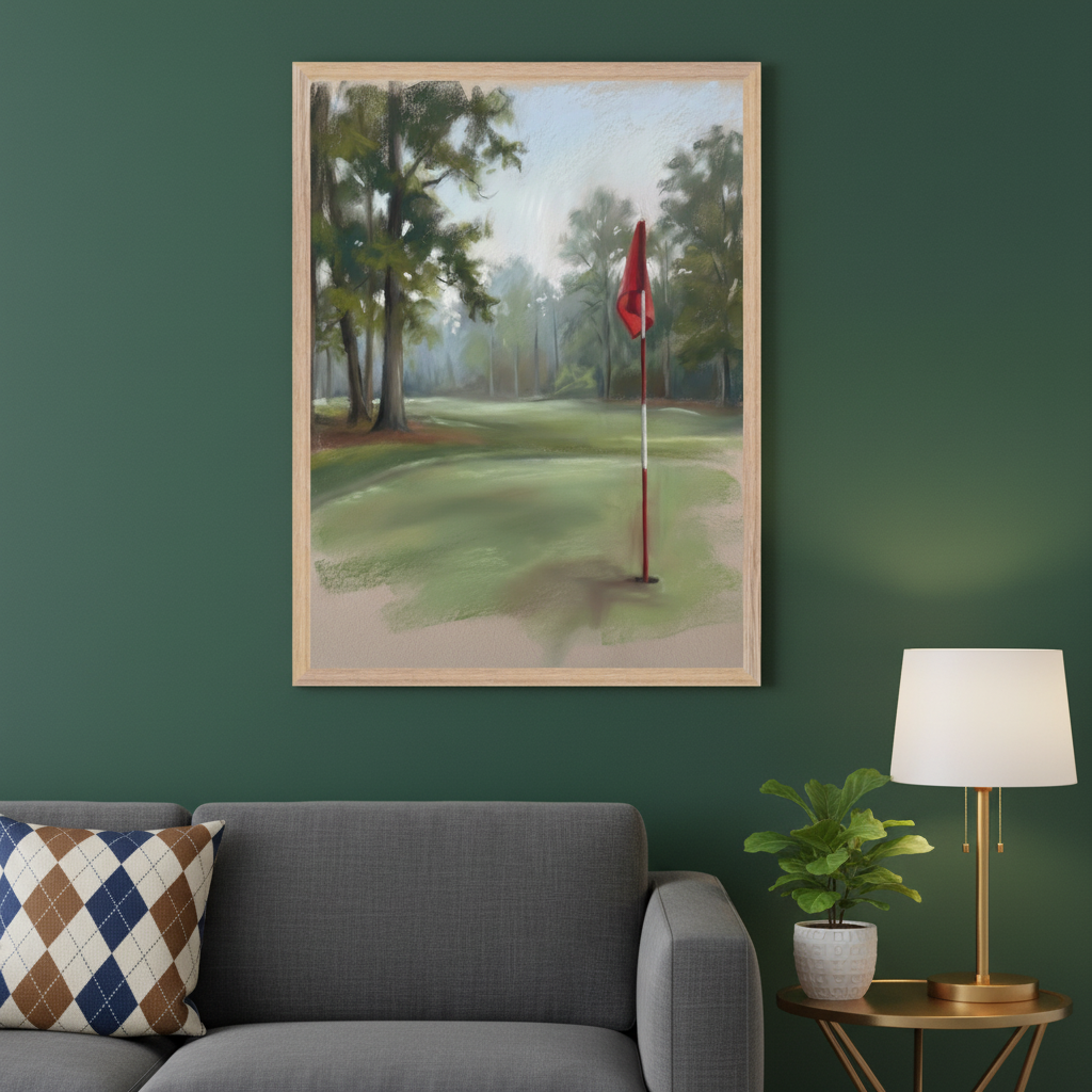 Living room with a gray sofa and a small gold side table. A large framed painting of a golf course putting green with a red flag and trees in a painterly style hangs above the sofa.