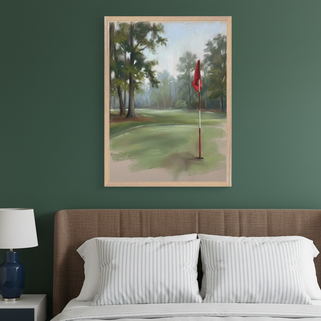 Modern bedroom with a brown headboard bed. A framed painterly golf course artwork depicting a green, trees, and a red flag hangs centered above the bed. A blue lamp sits on a white nightstand.