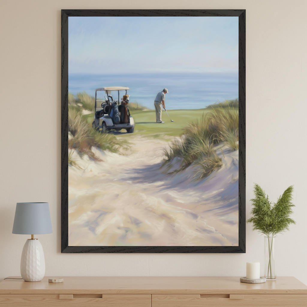 Modern room with a light wood credenza. A large black-framed oil painting depicting a golfer on a green by the ocean with a golf cart and sand dunes hangs above it.