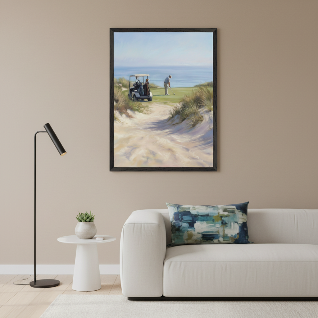 Modern living room with a white sofa and side table. A large black-framed painting hangs above, depicting a golf course scene with golfers, sand dunes, and the ocean.