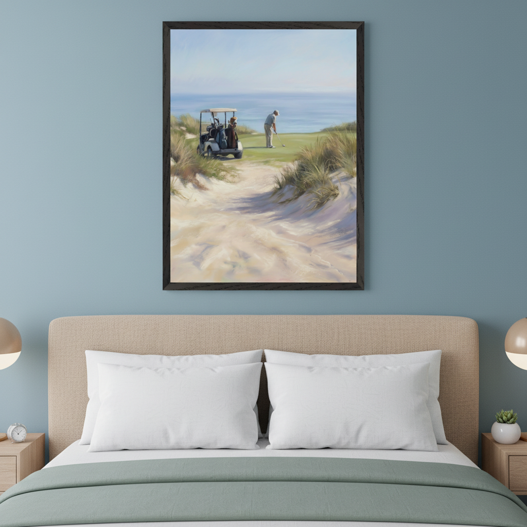 Modern bedroom with a beige headboard bed. A framed painting of a coastal golf course with sand dunes, a golfer putting, and a golf cart is centered above the bed.