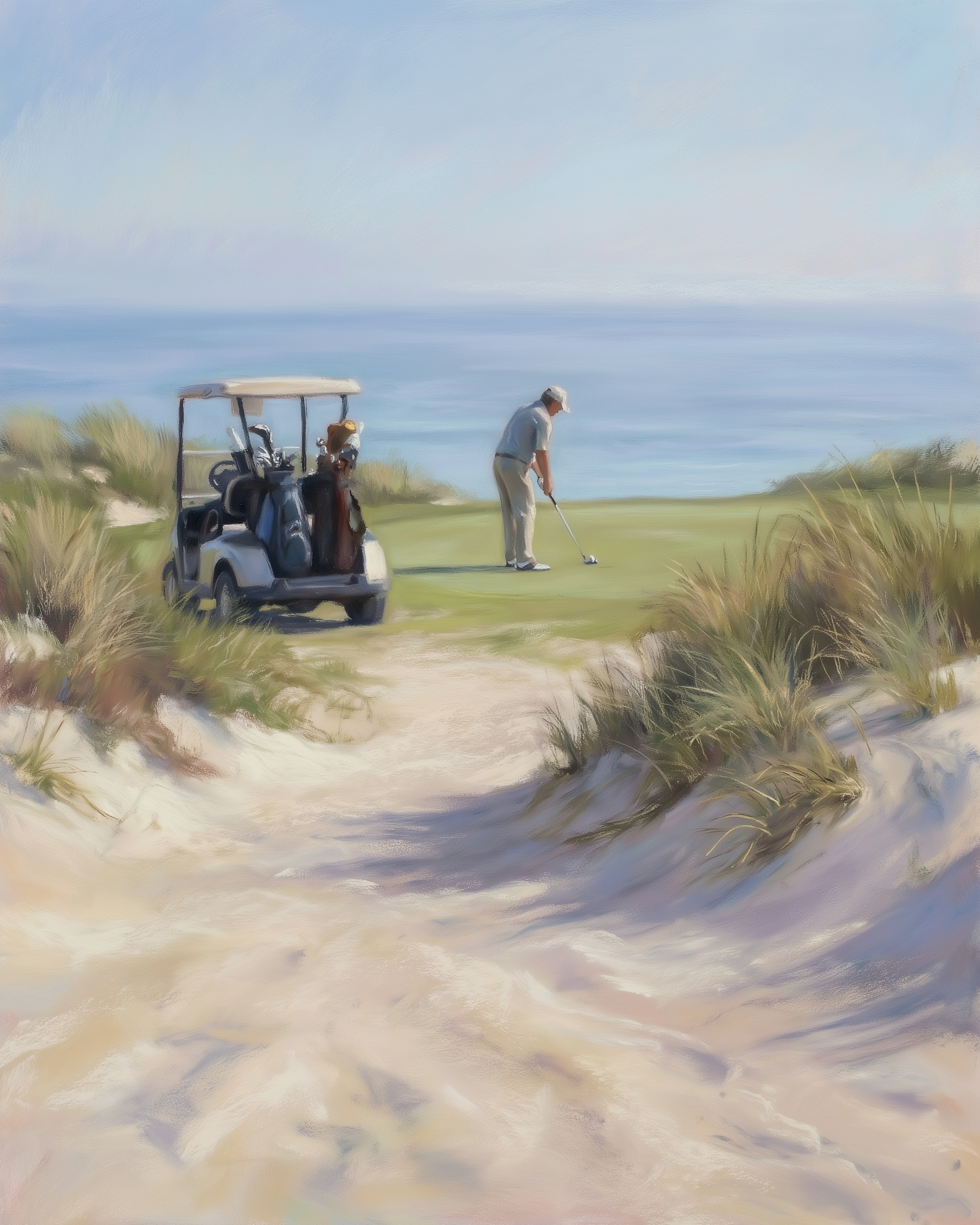 A peaceful scene of a golfer preparing to tee off beside a golf cart on a coastal green with sand dunes and a calm sea view.
