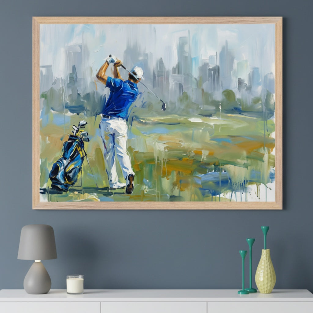 Modern room with dark blue wall, white console table. Framed impressionistic painting of a golfer mid-swing with a golf bag, city skyline background, hangs centered above the console.