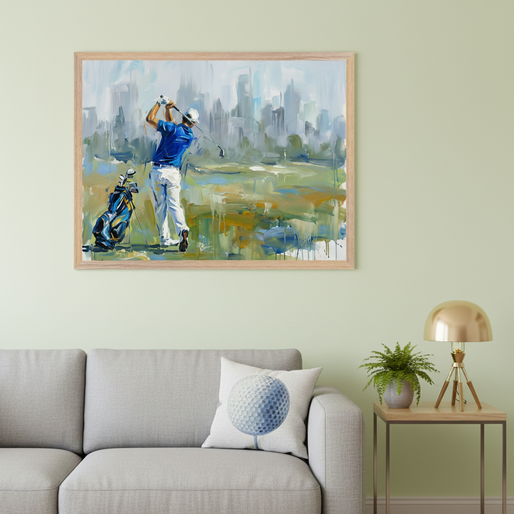 Modern living room with a gray sofa and a wood side table. A large framed abstract painting of a golfer swinging on a course with a city skyline hangs above the sofa.