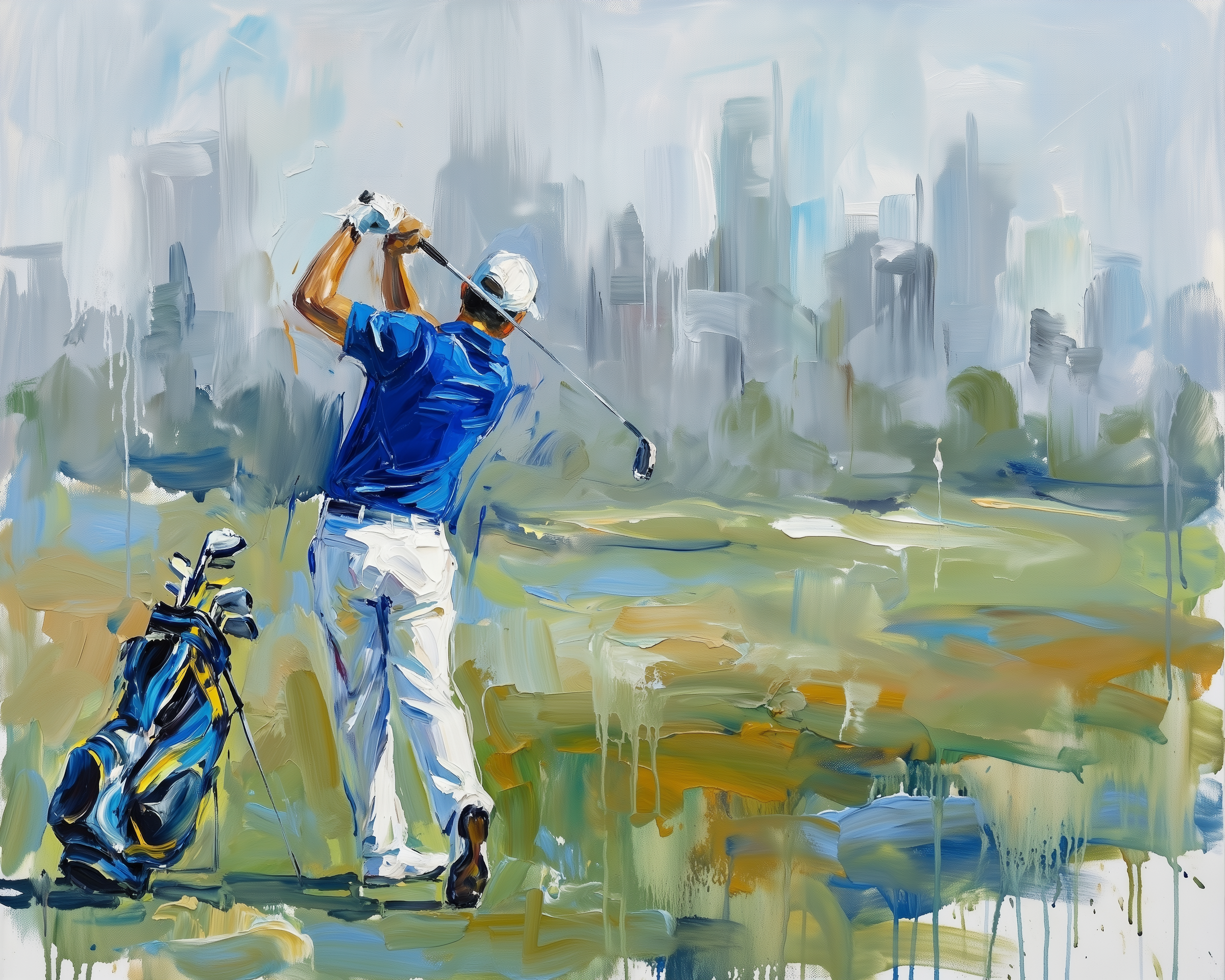 An expressive painting of a golfer in a blue shirt swinging with a blurred urban skyline in the distance.
