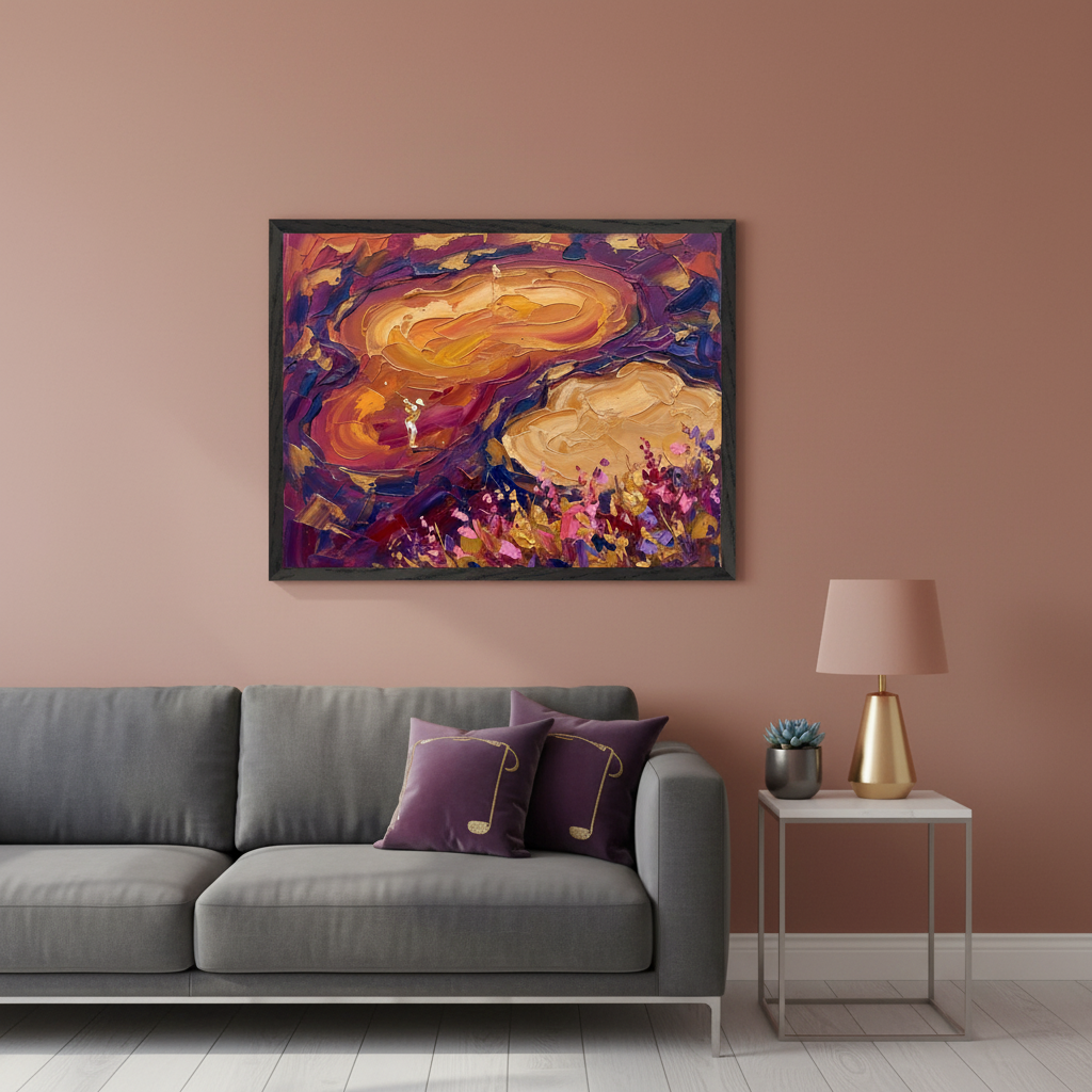 Modern living room with a gray sofa. A large framed abstract impasto painting hangs above the sofa, depicting a vibrant landscape with warm yellows, purples, and pinks, featuring two small golfers.