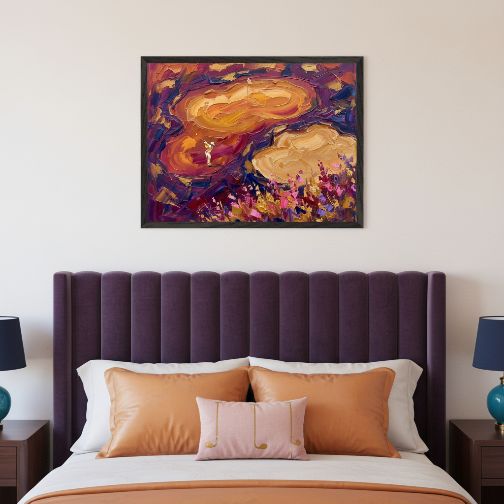 Modern bedroom with a bed featuring a tall, deep purple velvet headboard and orange pillows. A large, black-framed abstract painting hangs centered above the bed. The heavily textured art uses impasto strokes in oranges, purples, and yellows, depicting abstract cloud-like shapes, a small golden figure, and ground-level floral elements.