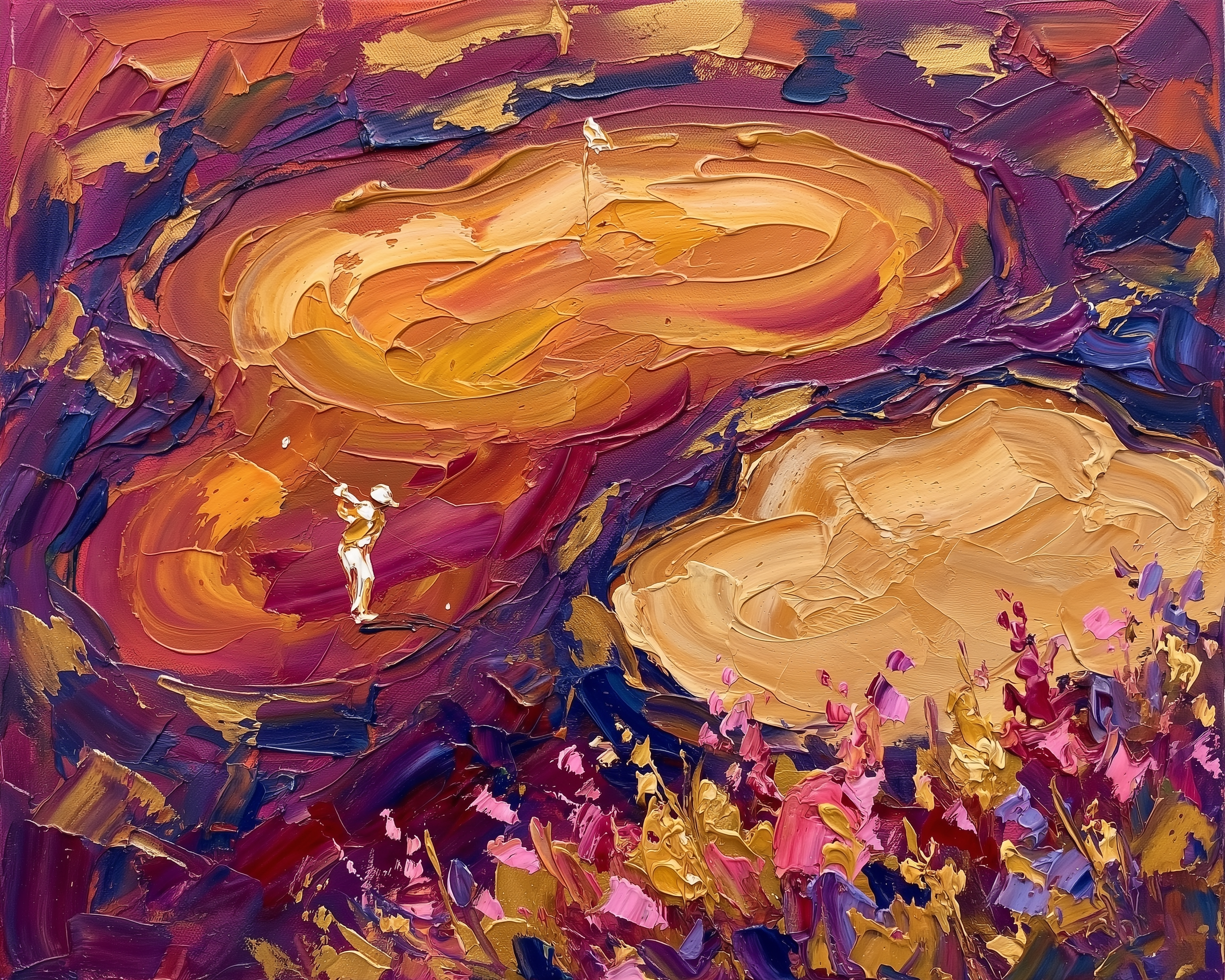 A vivid, textured painting of a golfer swinging amid bold orange skies and swirling pink, purple, and gold brushstrokes.
