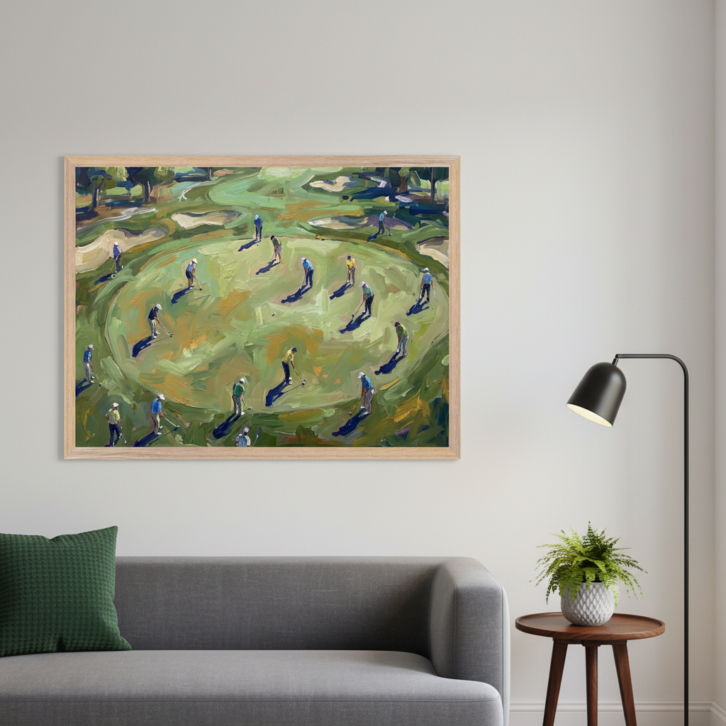 Modern living room with a gray sofa and a wooden side table. A large framed painting depicting multiple golfers on a green in an impressionistic style hangs centered above the sofa.