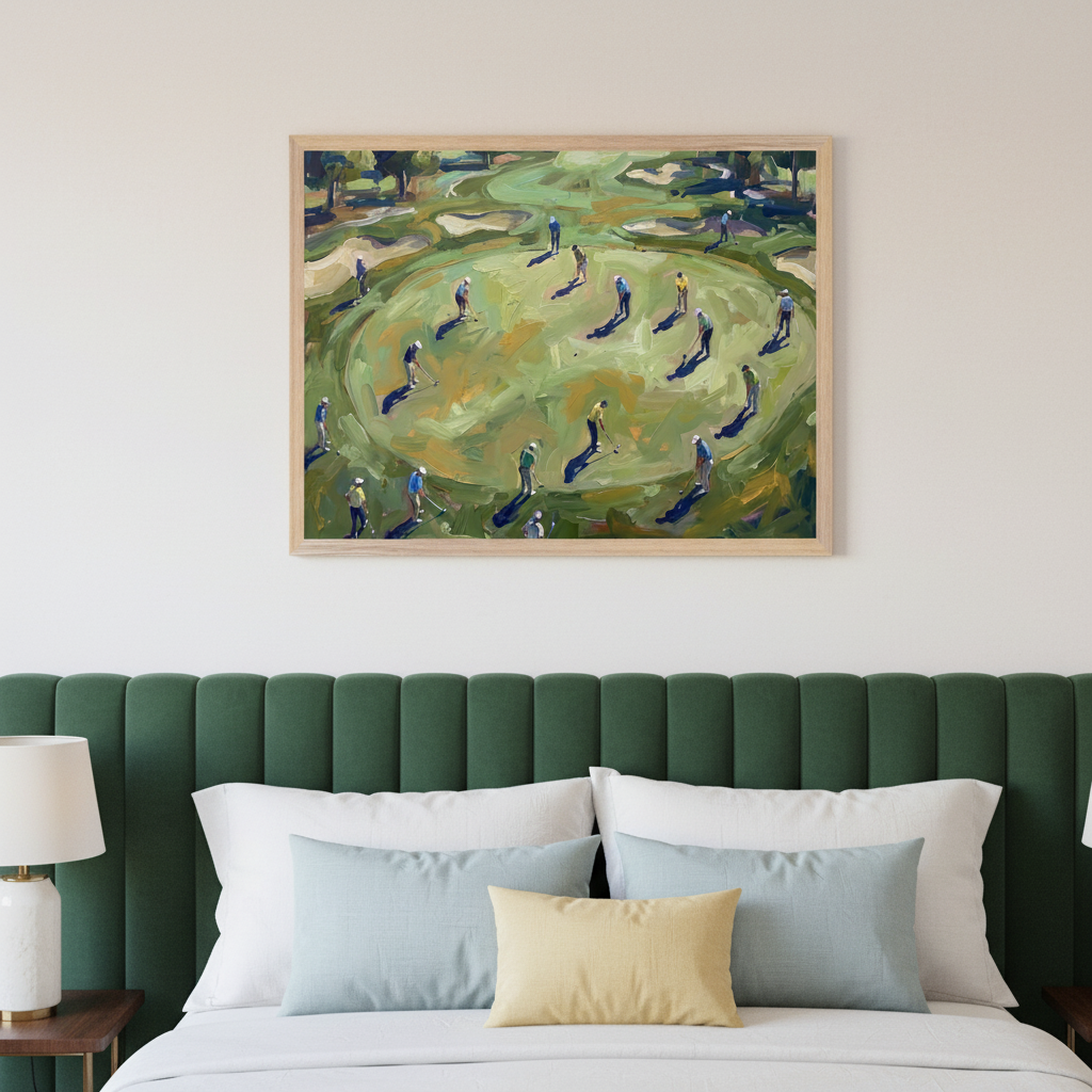 Modern bedroom with a green upholstered headboard and white bedding. A light wood-framed, expressionistic painting depicting many golfers on a green course hangs centered above the bed.
