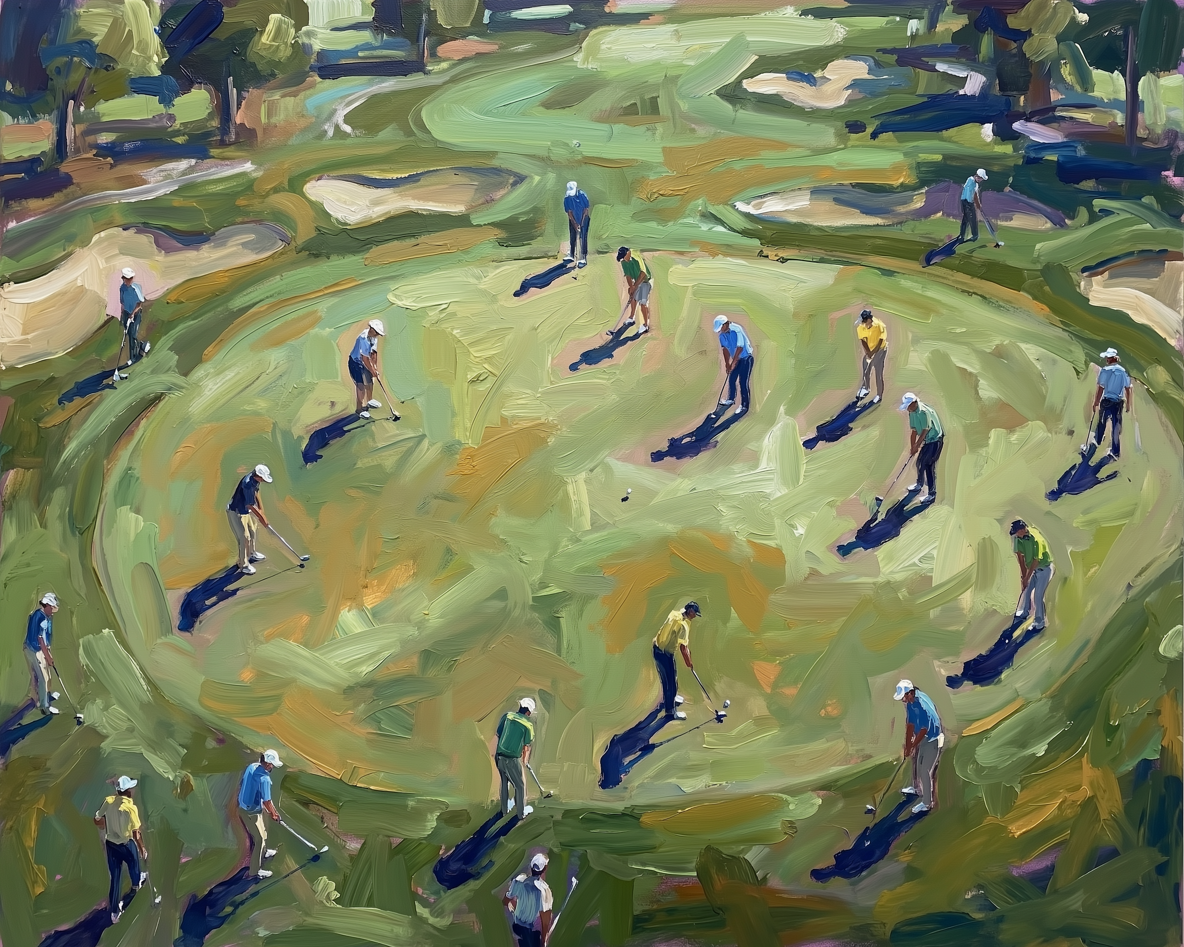 A stylized aerial painting of multiple golfers putting across a large green, each casting long shadows on the grass.
