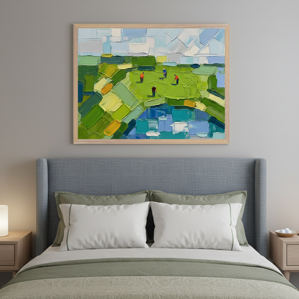 Modern bedroom with a gray upholstered bed and two nightstands. A large framed, abstract palette knife painting hangs above the bed, depicting a green golf course with four small figures playing and blue water features under a light sky.
