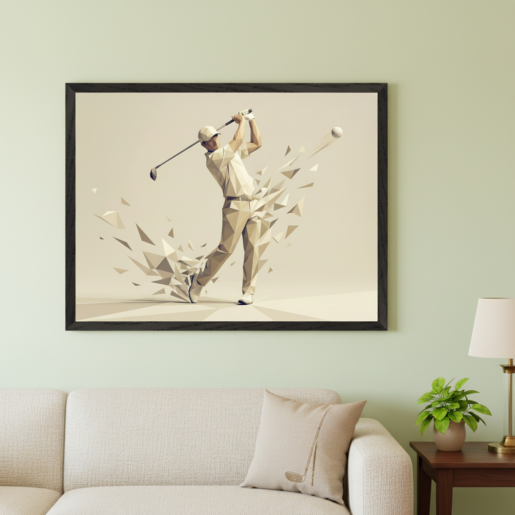 Modern living room with a beige sofa. A large framed print featuring a low-poly golfer mid-swing, with geometric fragments scattering and a golf ball, hangs above the sofa. An end table with a lamp and plant is to the right.