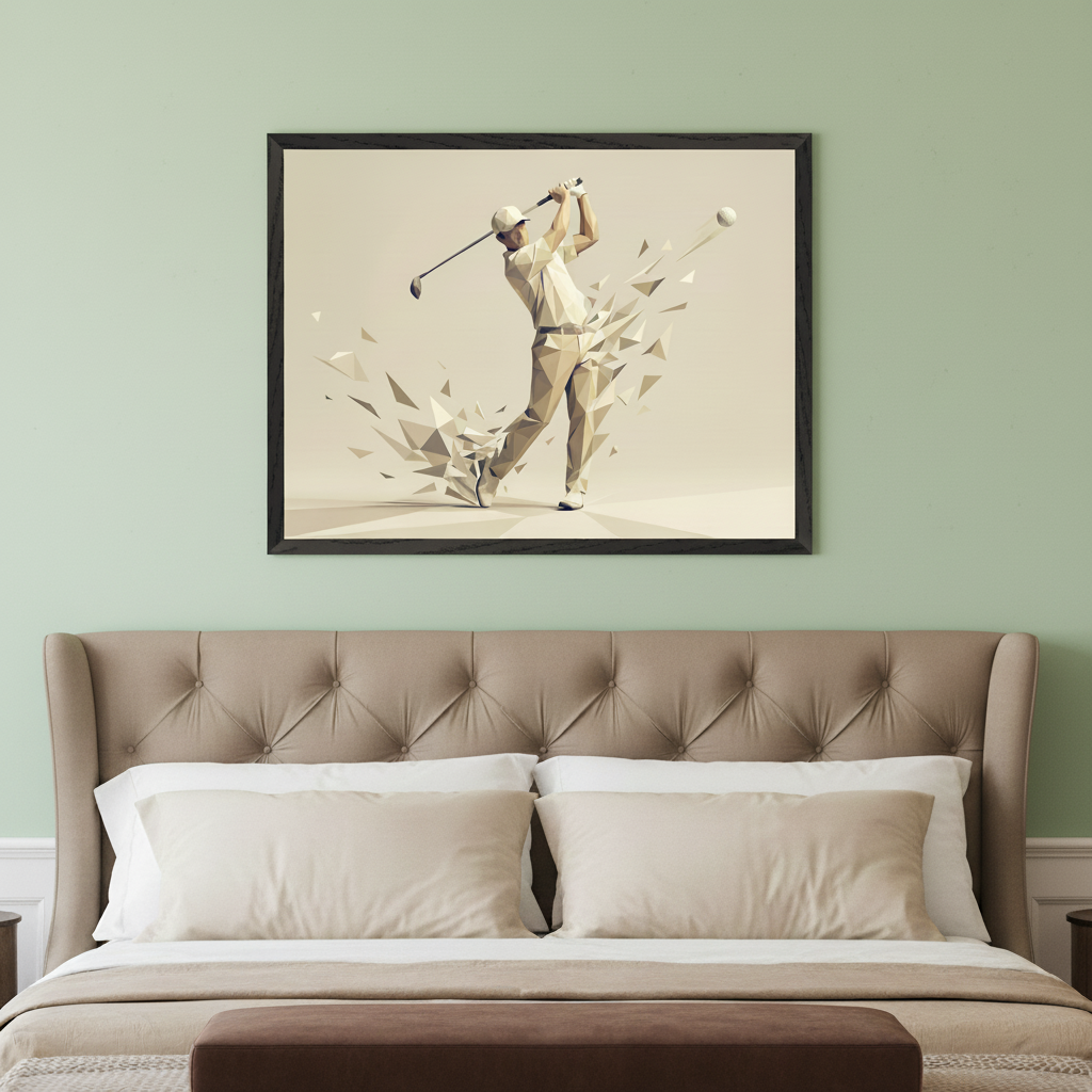 Bedroom with a beige tufted headboard. A black-framed print of a low-poly golfer mid-swing, hitting a ball, with geometric fragments, hangs centered above the bed.