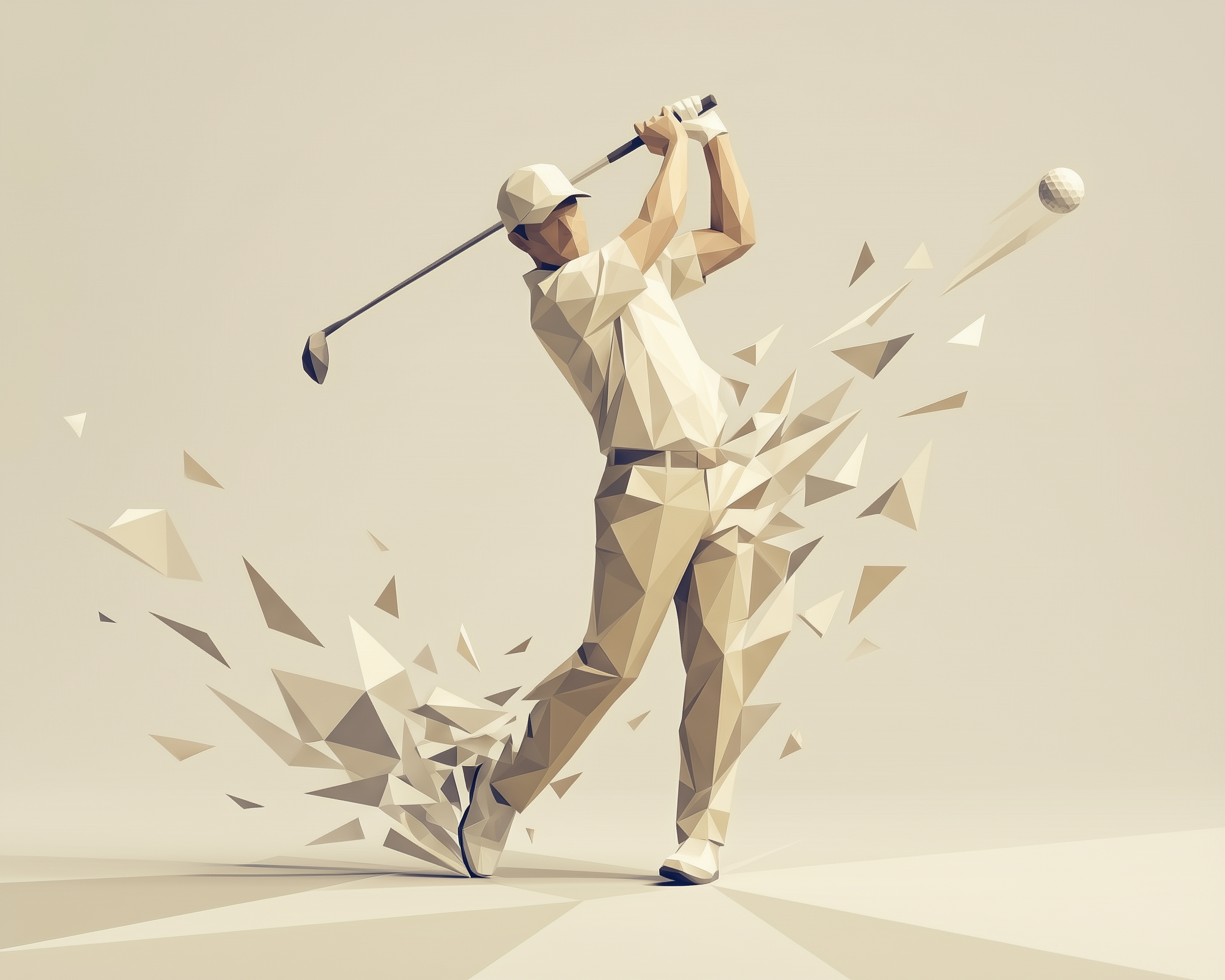 Low-poly digital artwork of a golfer swinging a club as triangular shards burst around him. The modern art style adds a dynamic and abstract feel to the motion of hitting a golf ball.