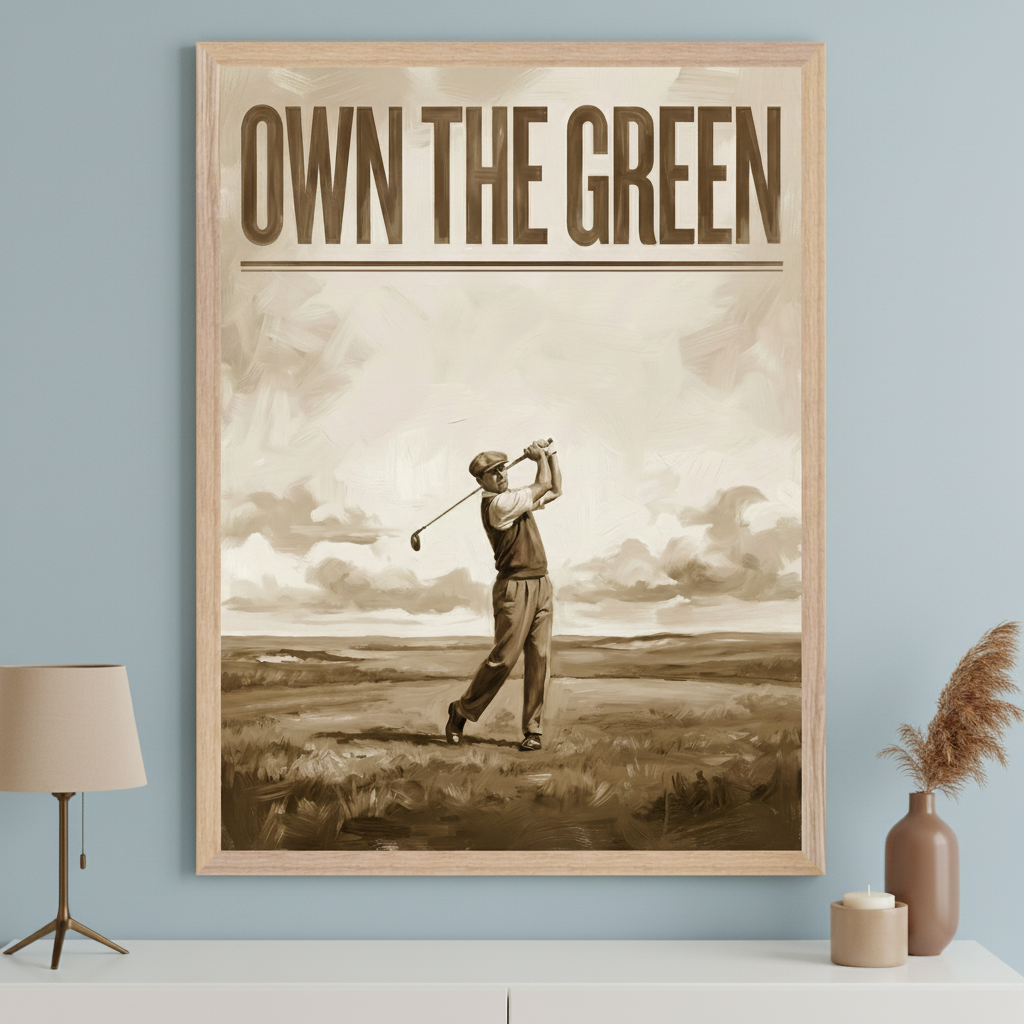 Modern room with a light blue wall and a white console table. A large framed poster hangs centered above the table. The sepia-toned art depicts a vintage-style golfer in mid-swing on a course under a cloudy sky, with "OWN THE GREEN" text at the top, in a painted illustration style.