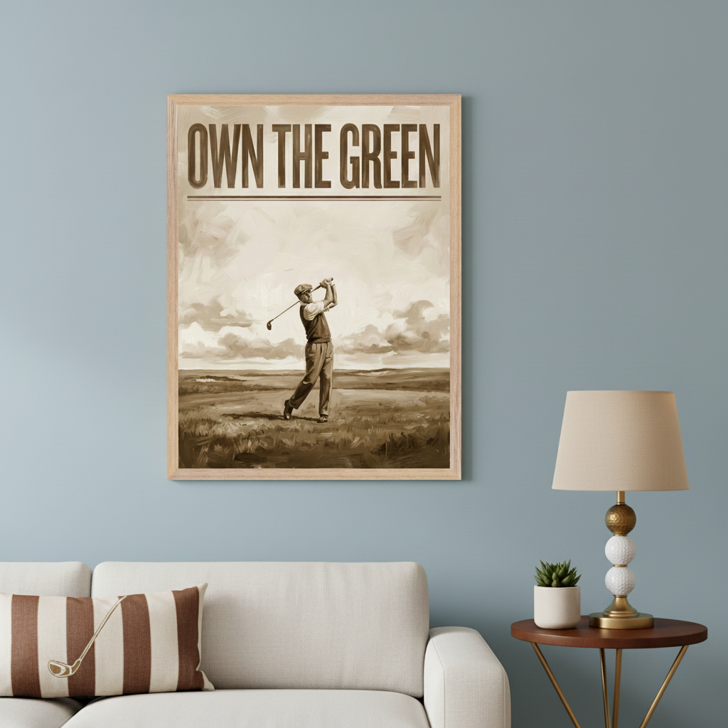 Living room with a light blue wall and a beige sofa. A large framed sepia-toned print of a vintage golfer mid-swing, with "OWN THE GREEN" text, hangs above the sofa. A golf ball lamp and small plant sit on a round end table to the right.