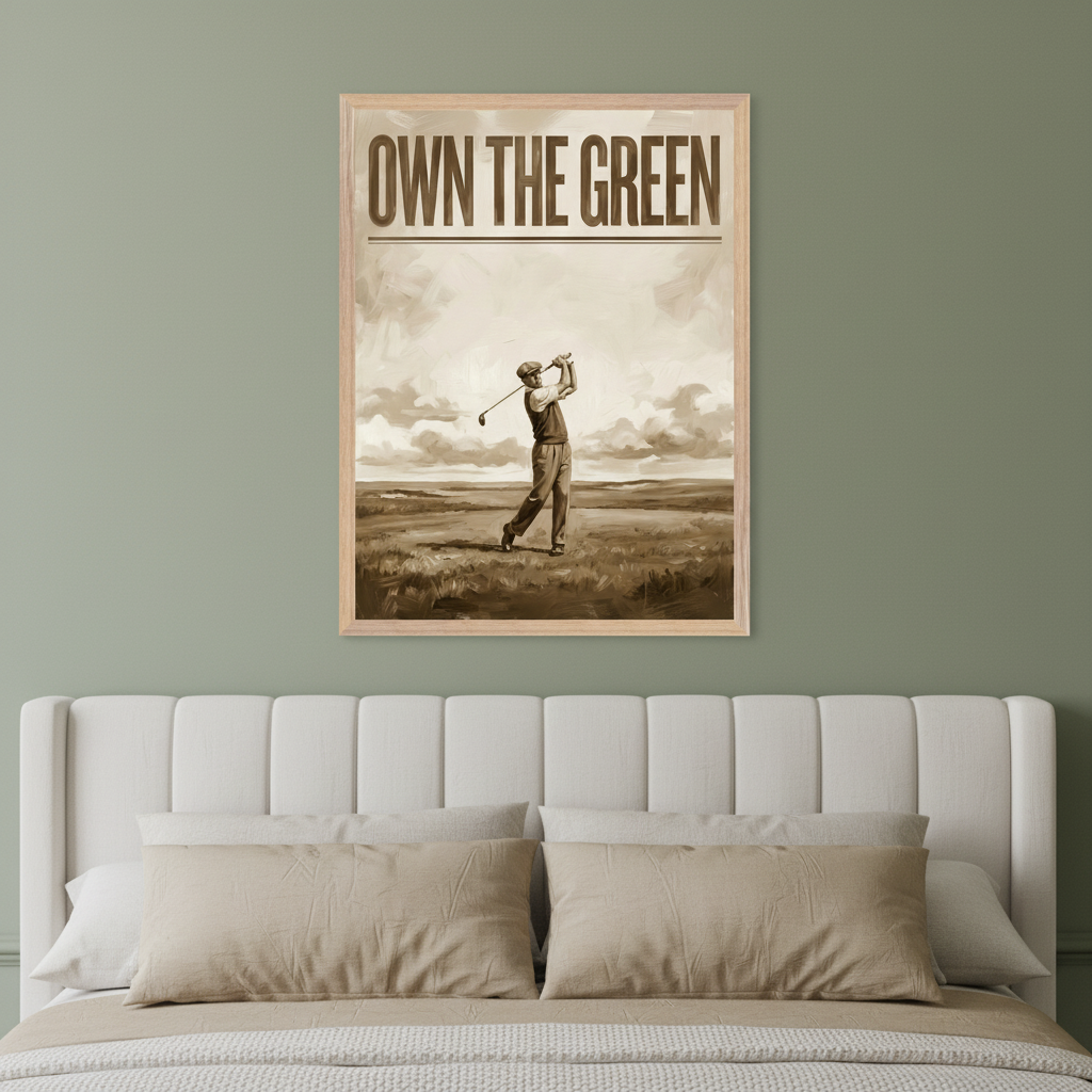 Bedroom with a white upholstered bed. A framed sepia-toned golf illustration hangs centered above the bed. The art features a golfer mid-swing on a course under cloudy skies, with "OWN THE GREEN" text at the top.