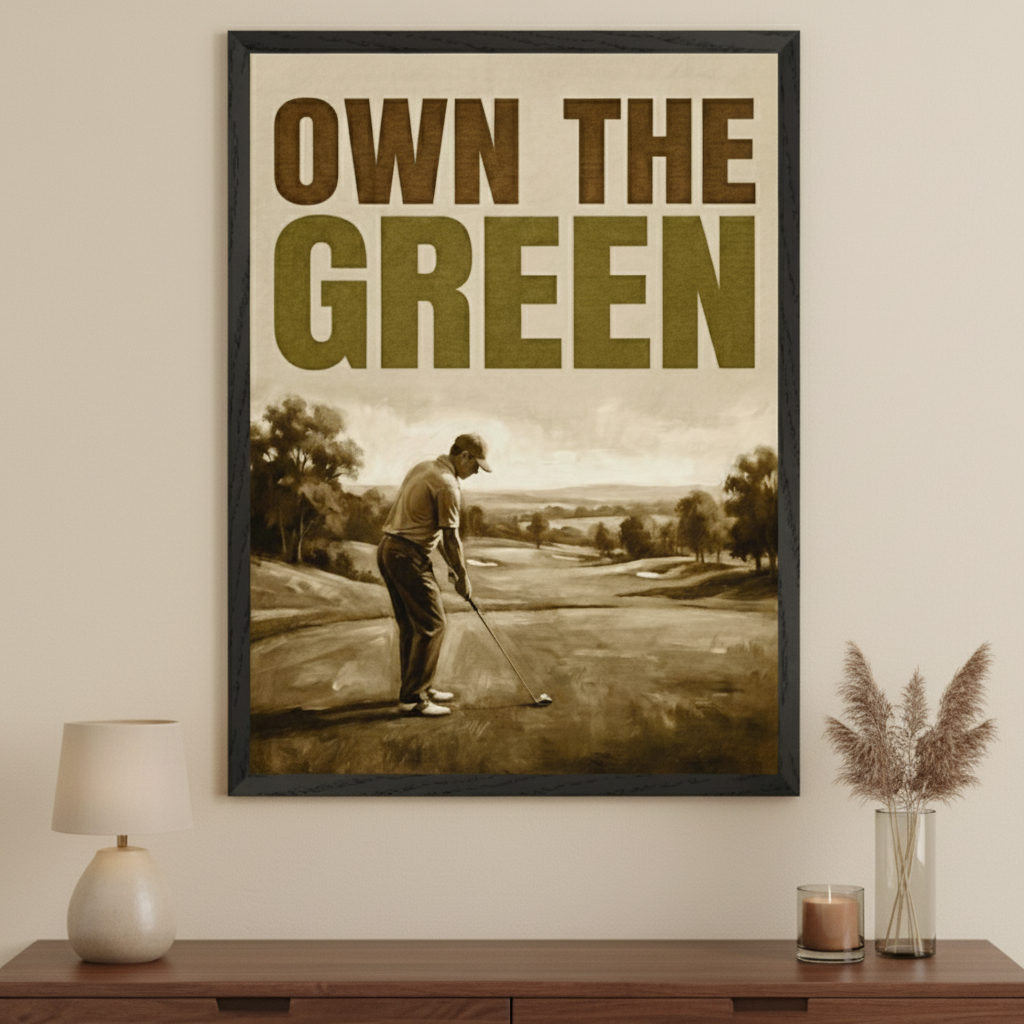 Modern room with a dark wood console. A large framed golf art print hangs centered above the console, featuring text 'OWN THE GREEN' and a sepia-toned painting of a golfer on a course. A lamp and decor are on the console.