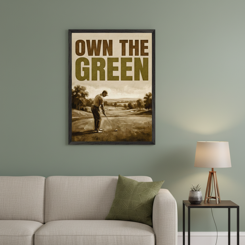 Modern living room with a light gray sofa against a green wall. A large, dark-framed golf poster hangs above the sofa. The sepia-toned poster features text "OWN THE GREEN" and a golfer on a course. A side table with a lamp is to the right.