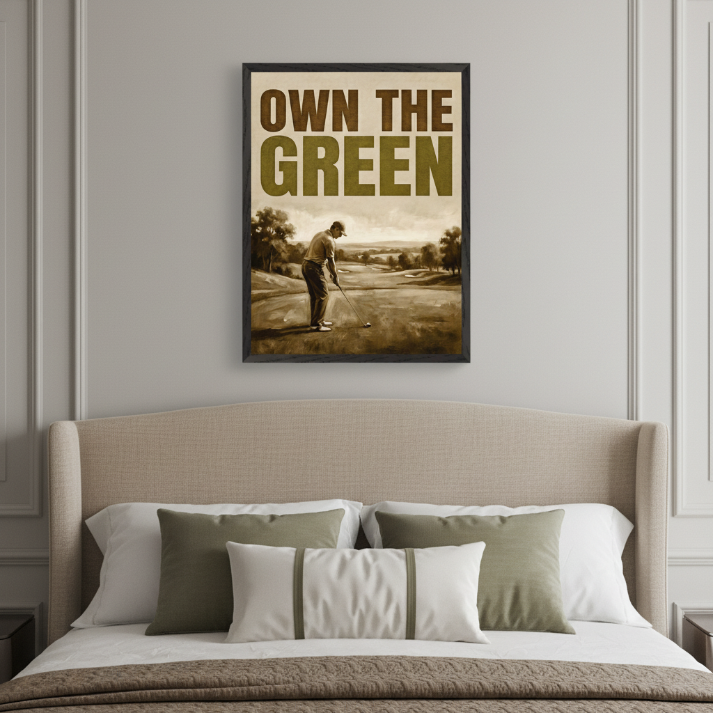 Contemporary bedroom with a beige upholstered bed. A framed sepia-toned golf print with a golfer and "OWN THE GREEN" text hangs centered above the bed.