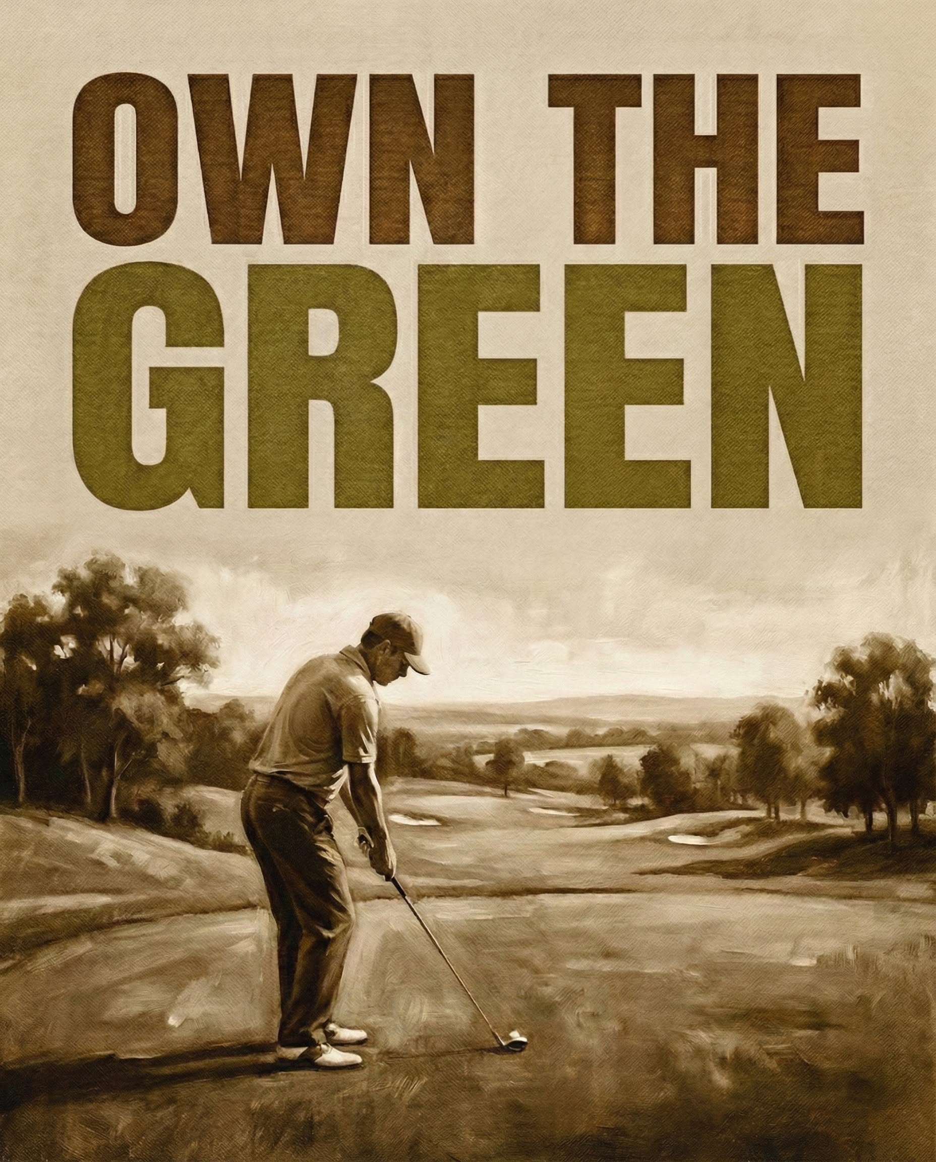 Old-fashioned painting of a focused golfer lining up a putt on a scenic course with bold brown and green “OWN THE GREEN” text overhead, combining nostalgic art with motivational flair.
