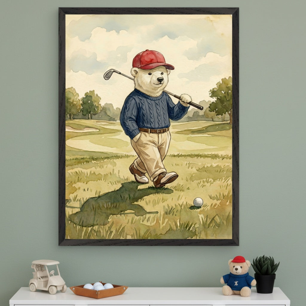 Kid's room with a green wall and white dresser. A framed watercolor painting of a polar bear in a red cap and blue sweater, holding a golf club on a golf course, hangs above the dresser.