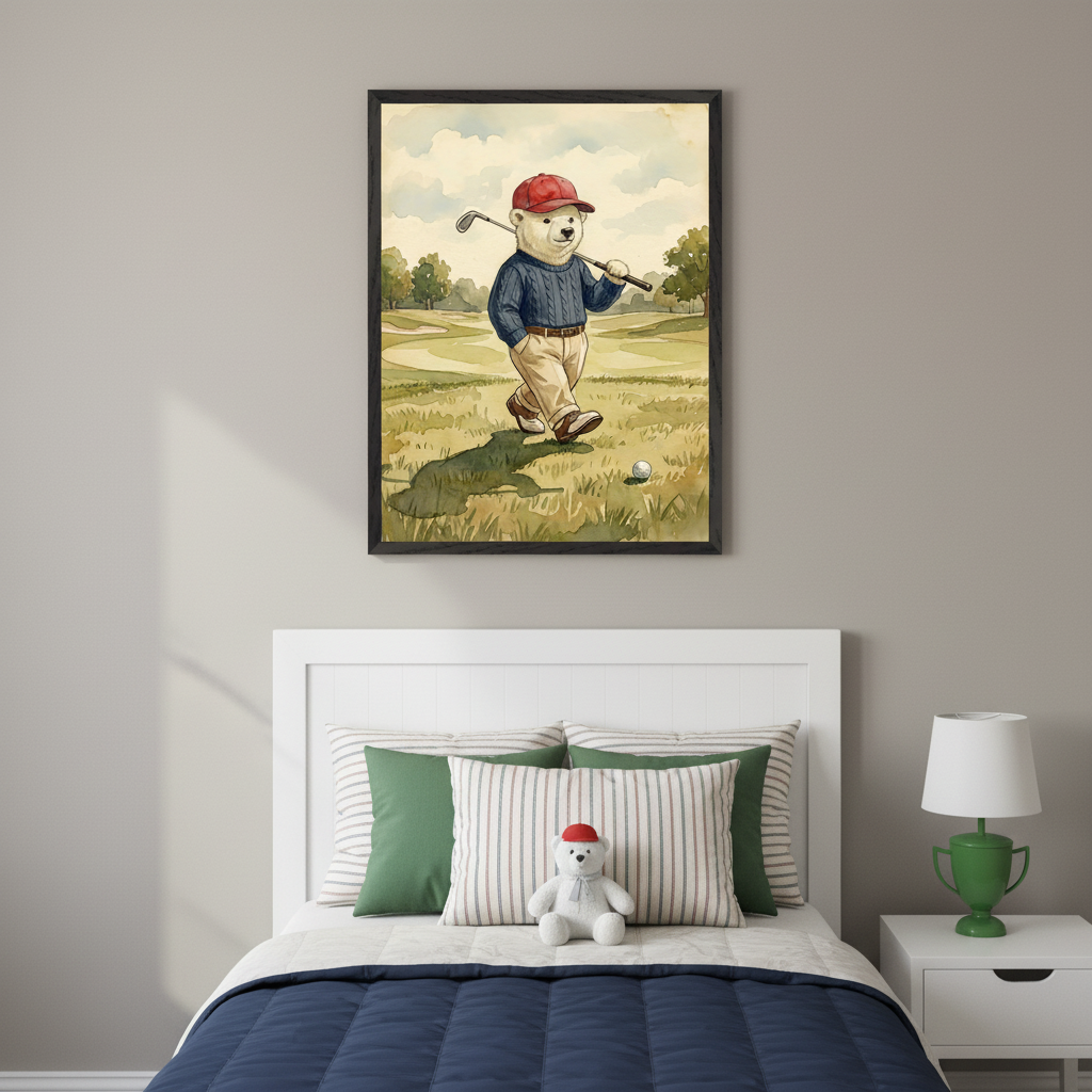 Kid's bedroom with a white bed. Above the bed, a dark-framed watercolor print shows a teddy bear golfer on a course. Bed has navy comforter, green and striped pillows. A white nightstand with a green lamp sits to the right.