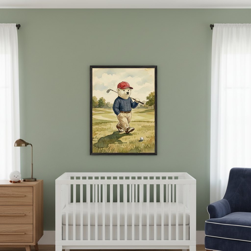 Modern nursery with sage green walls. A framed watercolor painting of a bear in a red hat carrying a golf club hangs above a white crib. A wooden dresser is to the left, and a navy armchair to the right.
