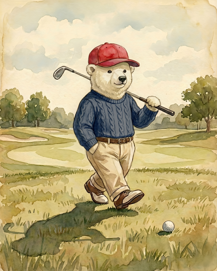 A watercolor-style illustration of a bear in khakis and a red cap confidently walking with a golf club on a sunny course.
