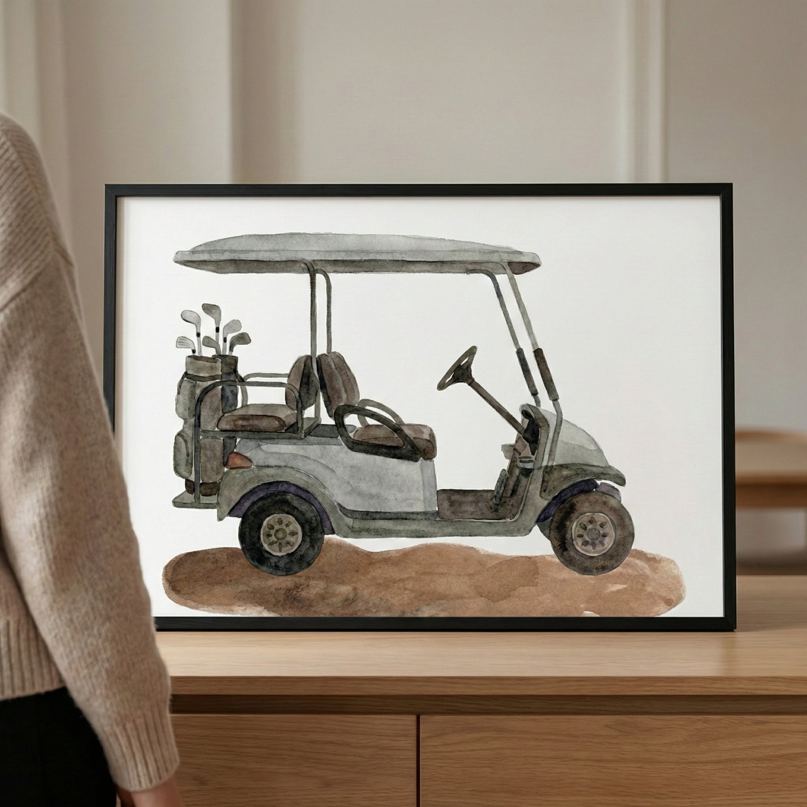Watercolor painting of a classic golf cart with two seats, a set of golf clubs in the back, and subtle earth tones. The minimalist style highlights the cart as a central golf vehicle.