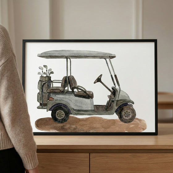 Watercolor painting of a classic golf cart with two seats, a set of golf clubs in the back, and subtle earth tones. The minimalist style highlights the cart as a central golf vehicle.