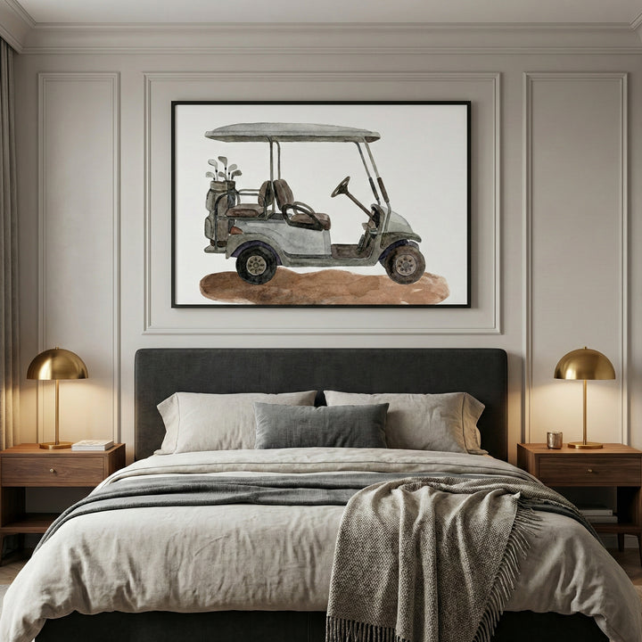 Framed illustration of a golf cart hanging above a neatly made bed in a modern bedroom. The artwork features a side view of the vehicle, complete with golf clubs and soft brown shading.