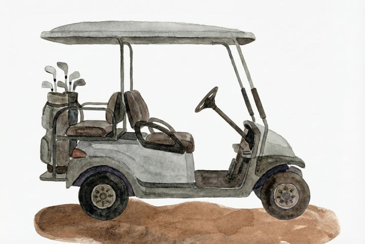 Watercolor illustration of a gray golf cart with a roof, two seats, and a golf bag filled with clubs attached to the back. The cart is parked on a patch of brown dirt, with soft shading giving it a calm, outdoor feel.