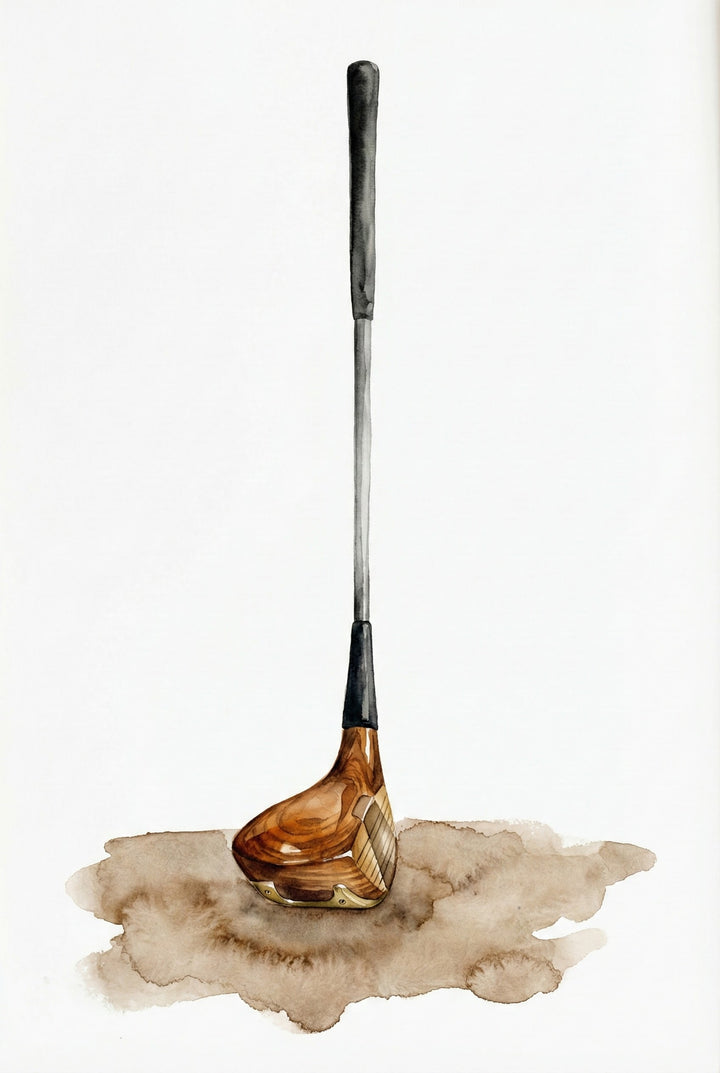 Watercolor illustration of a wooden-head golf club standing upright on a patch of dirt. The painting highlights the texture of the club's polished wood and the contrast between the soft shadows and white background.