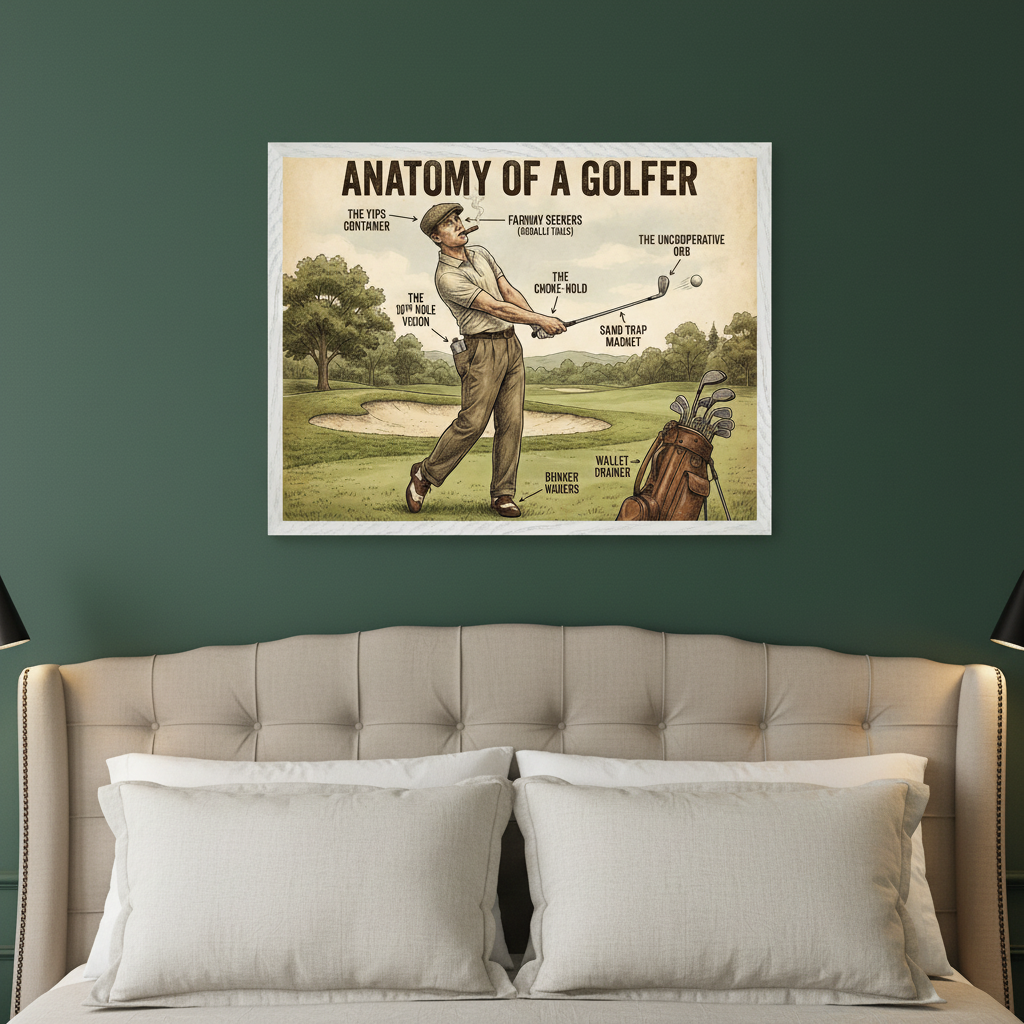 Bedroom with a dark green wall, beige tufted headboard. A framed vintage illustration titled 'ANATOMY OF A GOLFER,' depicting a golfer with humorous labels, hangs centered above the bed.