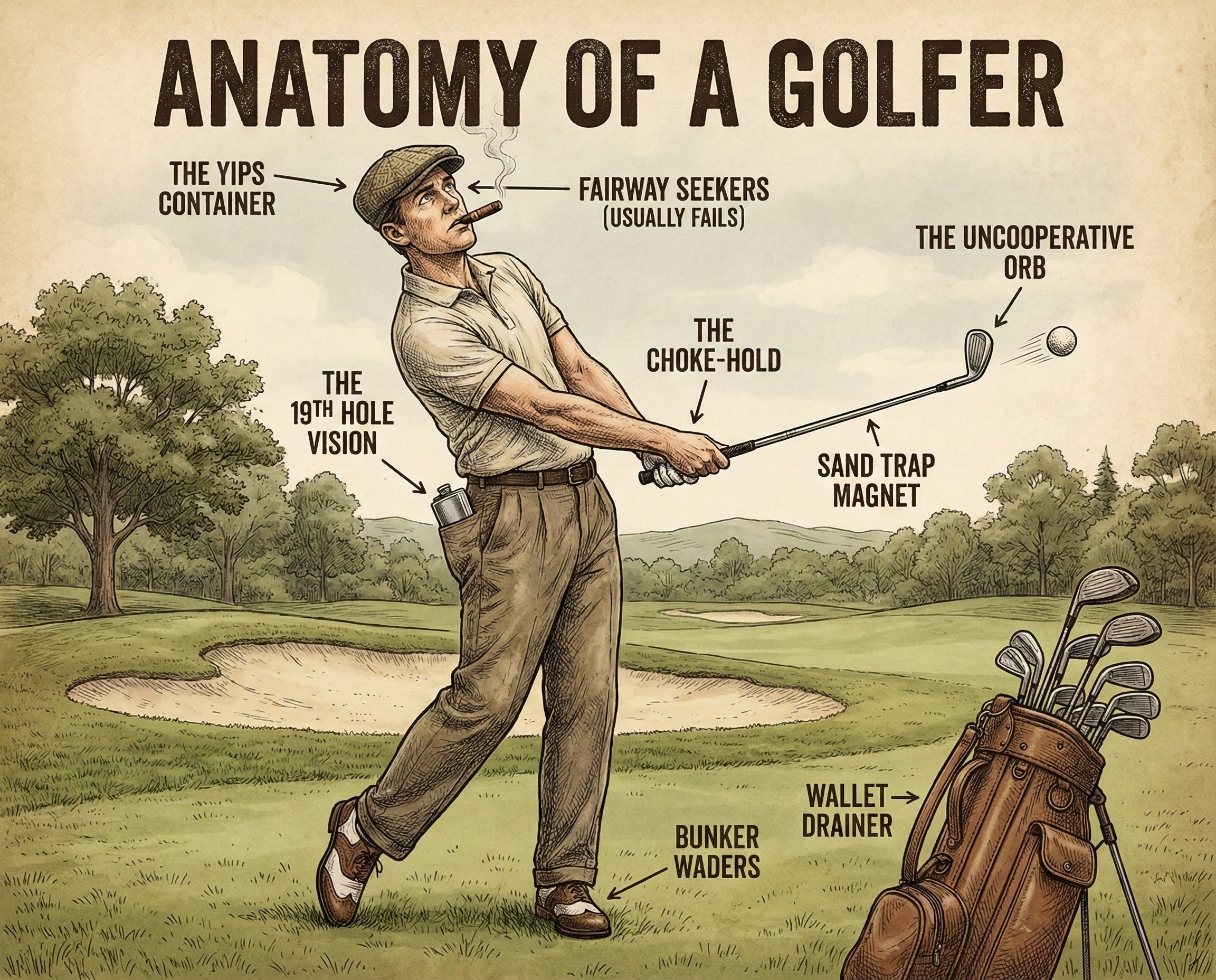An amusing illustration of a golfer with humorous labels such as "The Yips Container" and "The Uncooperative Orb" for the golf ball, showcasing the lighthearted side of golf with a comedic twist.