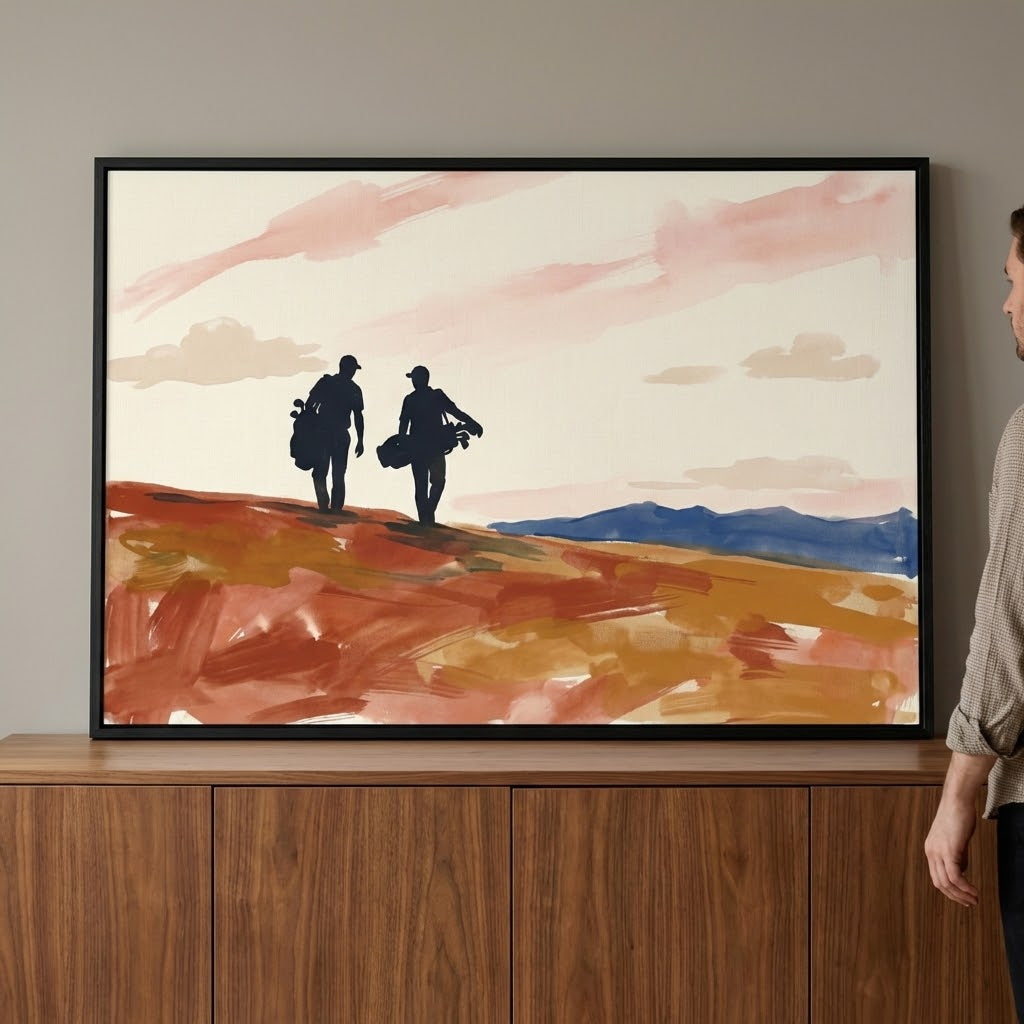 A framed artistic illustration depicting the silhouettes of two individuals carrying golf bags as they walk across a hillside. The foreground is composed of broad, textured strokes in shades of rust and ochre. In the background, a soft pink and cream sky hangs over a distant blue mountain ridge. The piece is displayed in a black frame on a wooden cabinet.