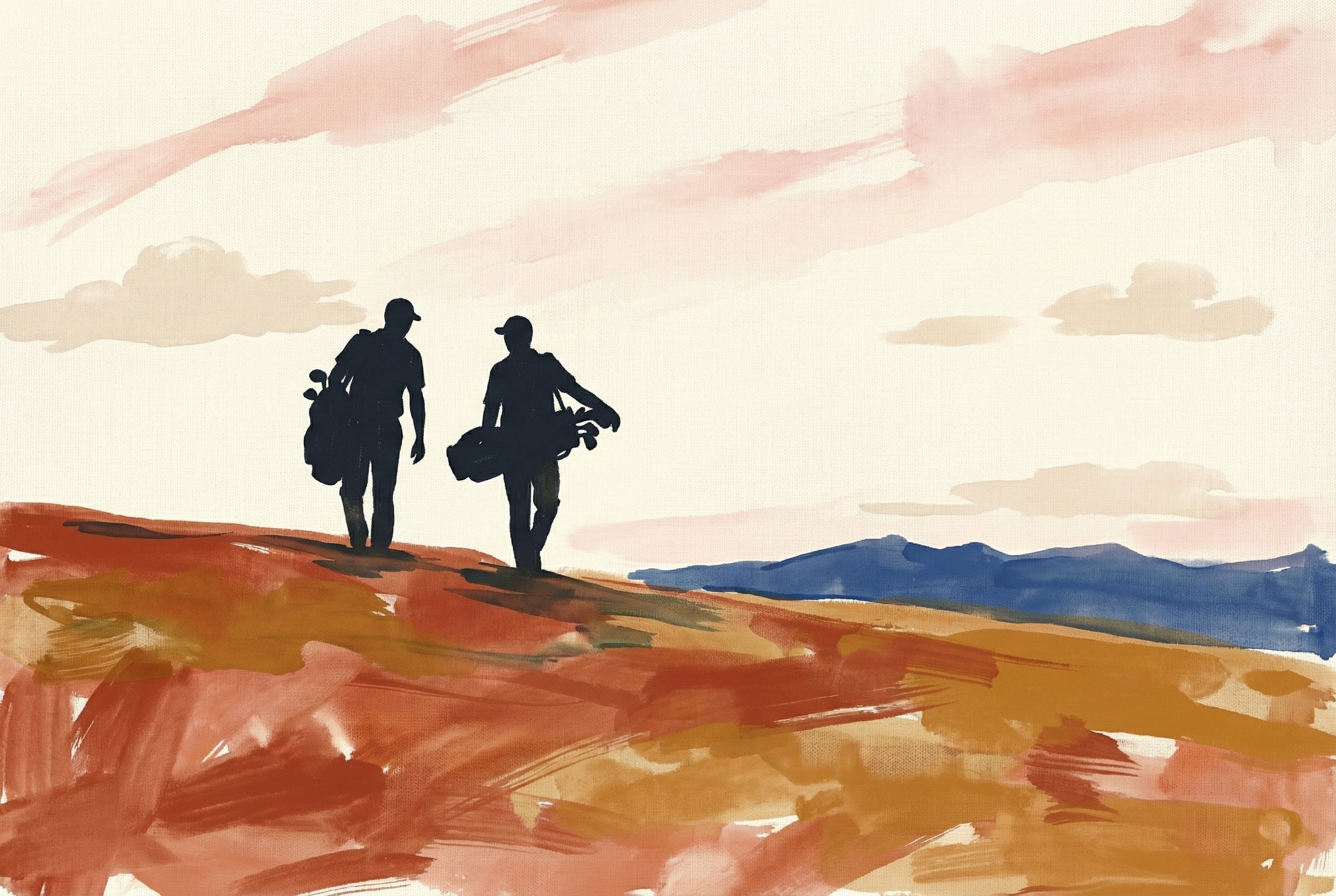 Silhouetted watercolor illustration of two golfers carrying bags as they walk along a reddish-brown course under a pink sky with scattered clouds.
