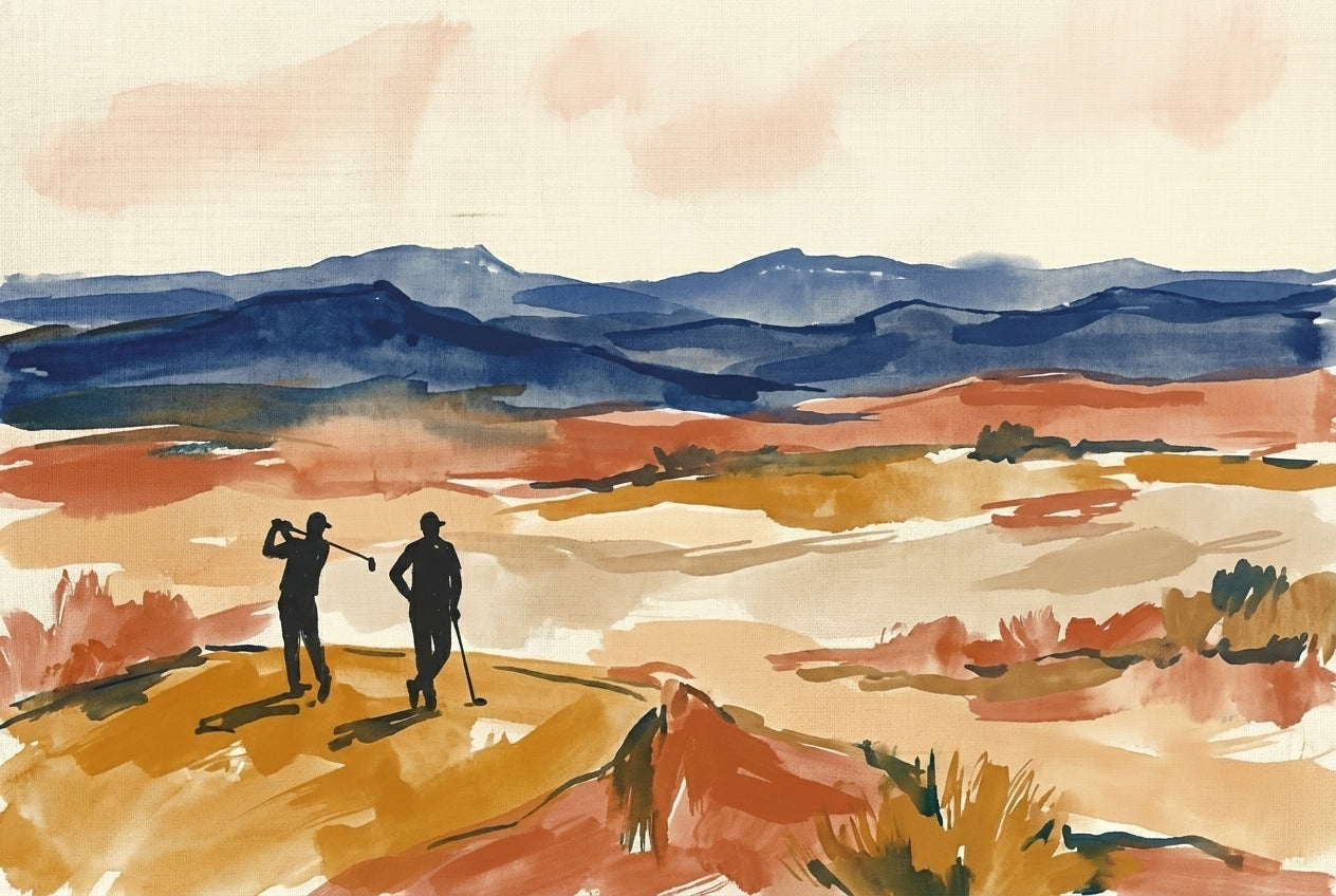 Painting of two golfers in silhouette, one mid-swing, standing on a vibrant desert-style course with layers of warm earth tones and distant blue mountains.
