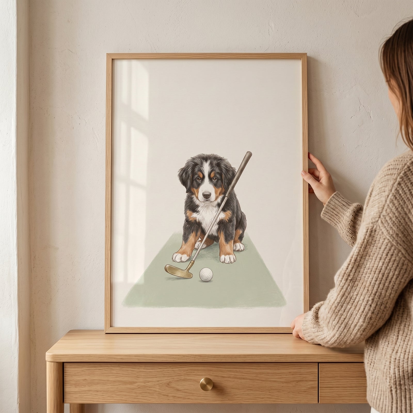 Person holding a framed golfing bernese mountain dog wall art piece of a puppy with a putter and ball on a green.