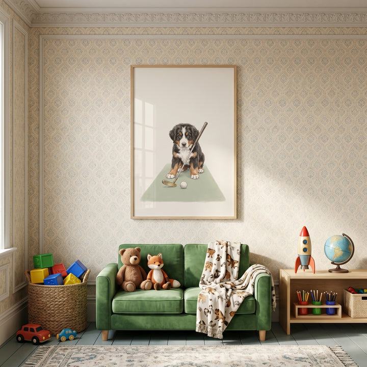 Golfing Bernese Mountain Dog wall art hangs above a green sofa in a child's playroom with toys and a globe.