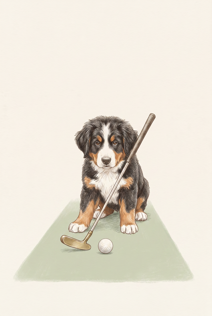 Bernese Mountain Dog puppy sitting with a putter and ball on a green mat. Golfing bernese mountain dog wall art.