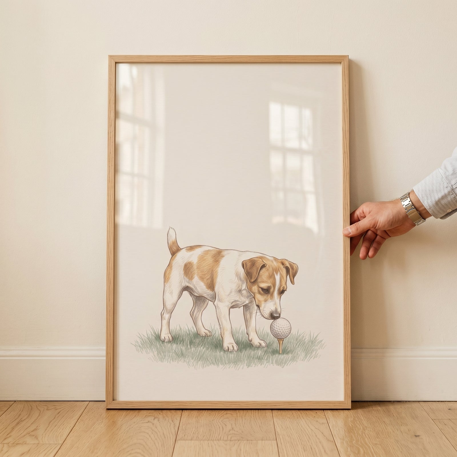 Golfing jack russell terrier dog wall art in a wooden frame, featuring a dog looking down at a golf ball on a tee.