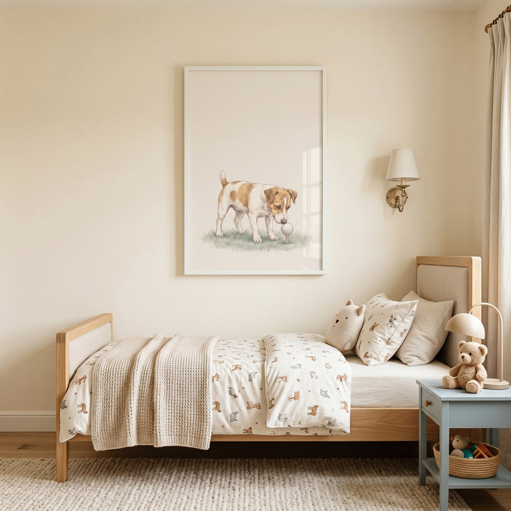 Golfing jack russell terrier dog wall art above a wooden bed with animal linens in a neutral child's room.