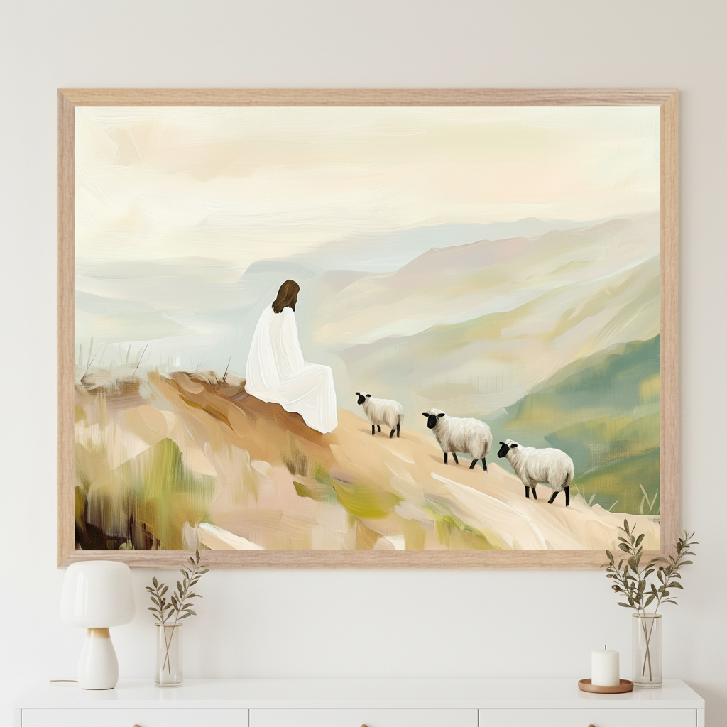 Modern living room with a white console table. A large framed painting hangs above it, depicting Jesus in a white robe sitting on a hill with three sheep walking towards him, against a pastel mountain landscape in a brushstroke style.