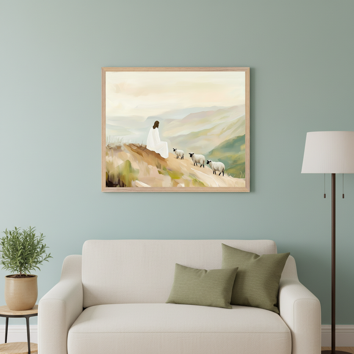 Modern living room with a white sofa and green pillows. A large framed painterly artwork of Jesus sitting on a hill with three sheep hangs centered above the sofa. A potted plant is on a side table, and a floor lamp stands to the right.