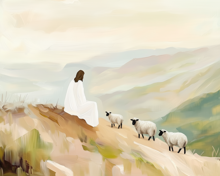 A serene painting depicts a figure in a white robe sitting on a hillside, gazing at three sheep walking nearby. The landscape features soft, muted colors with rolling hills in the background, creating a peaceful atmosphere.