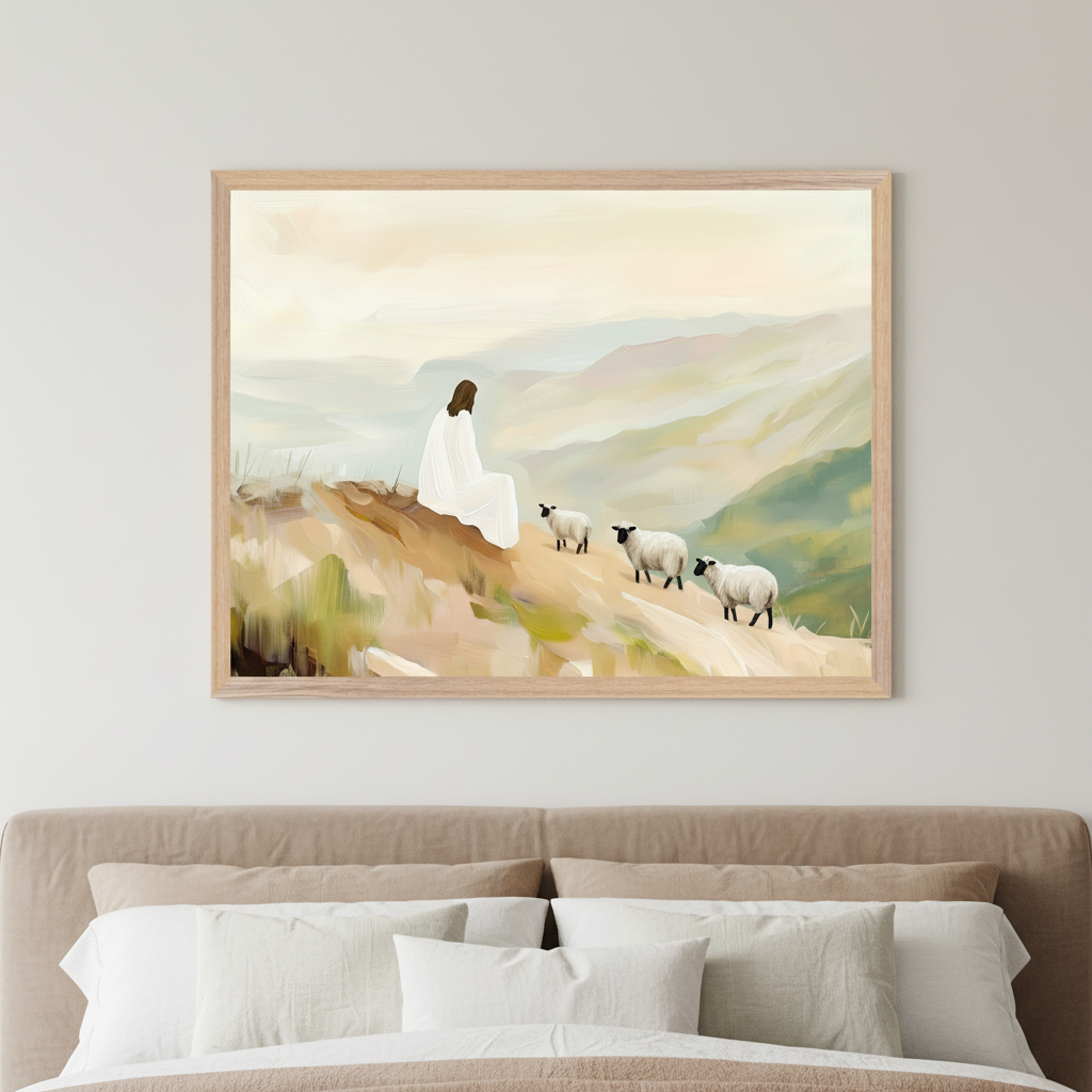 Bedroom with a beige upholstered bed. Above the bed, a framed painting shows a figure in white sitting on a hill with three sheep walking, set against mountains in an impressionistic, brushstroke style.