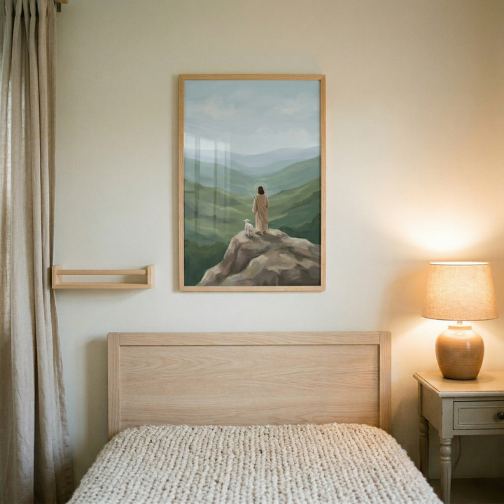 This cozy and serene bedroom features light-colored wooden furniture and a warm, minimalist aesthetic. Centered above the bed's headboard is a framed piece of art depicting Jesus Christ standing on a rocky ledge with a small white lamb by his side. They are looking out over a peaceful landscape of rolling green hills and misty valleys under a soft, pale sky.
The bed is dressed with a thick, cream-colored chunky knit blanket. To the left, long neutral curtains hang next to a small wooden wall shelf. 